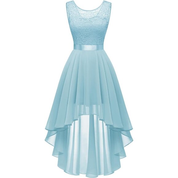 BeryLove Women Light Blue Chiffon Scoop Neck Sleeveless Lace Cocktail Dress - Picture 1 of 7